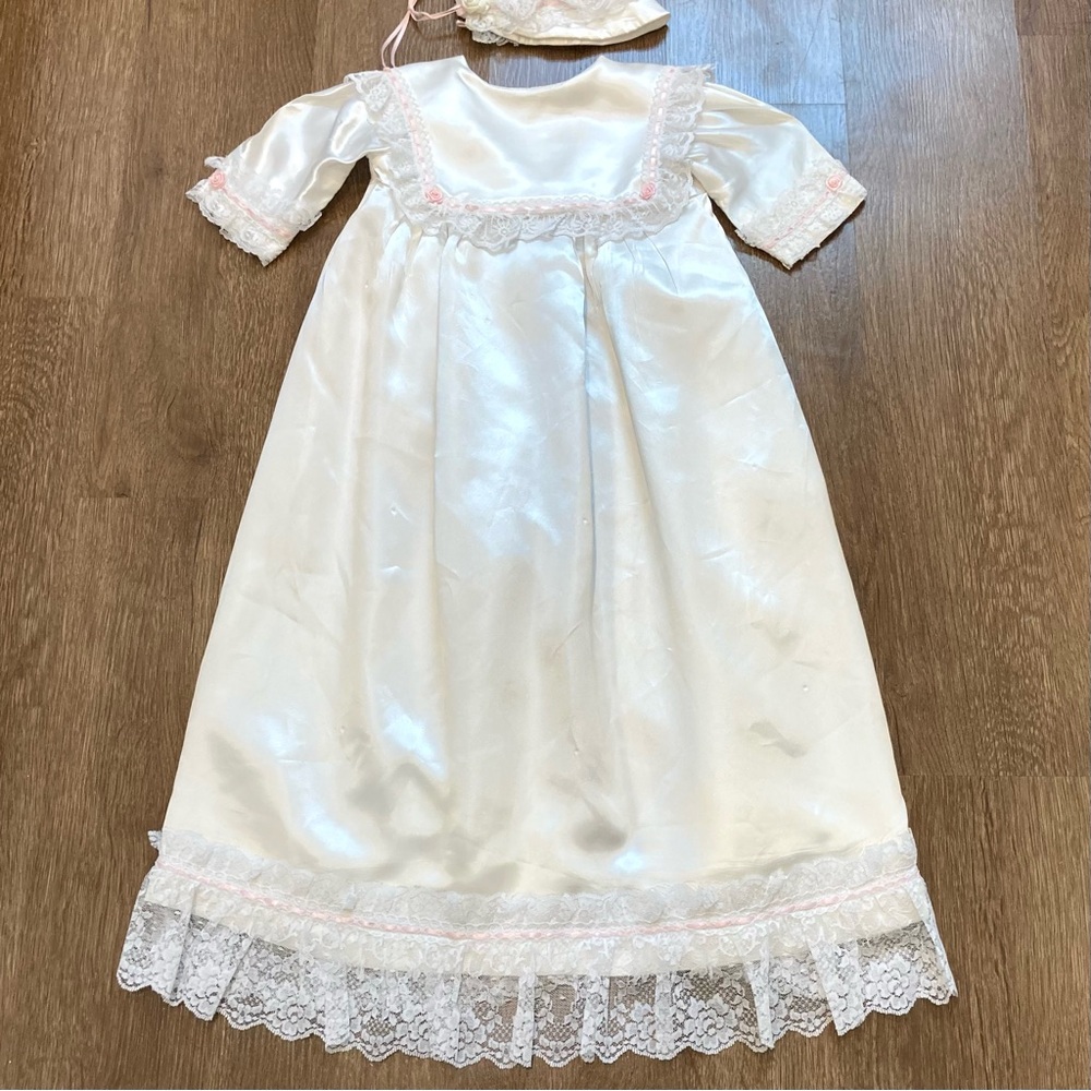 Little Girls Christening Gown Cover & Bonnet with Lace Trim Pink Rose Accents - Picture 4 of 14